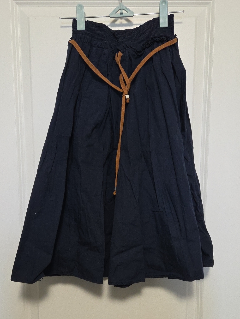 Forever 21 Navy A-Line Midi Skirt with Tan Drawstring